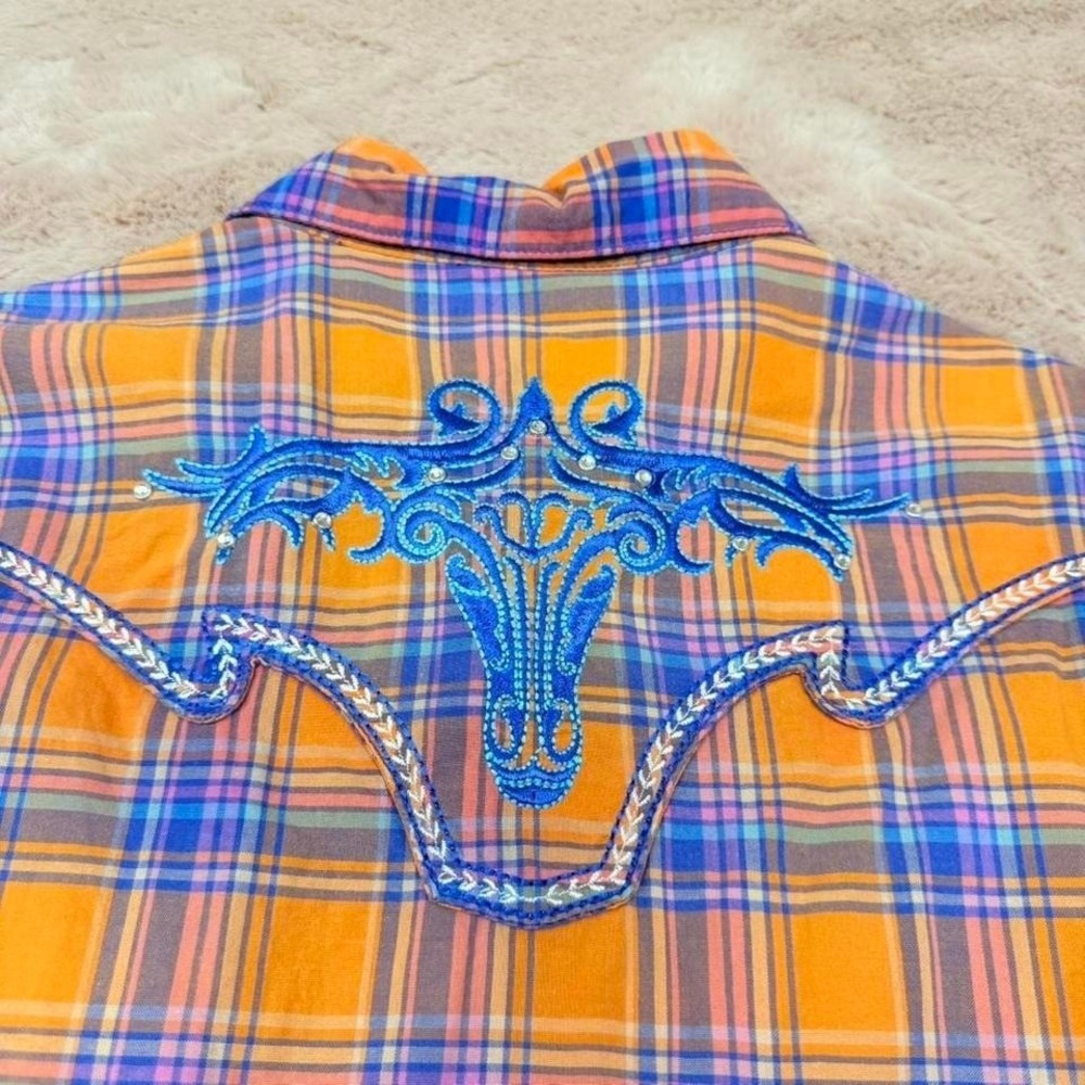 Rock 47 Wrangler Western Snap Shirt Rhinestone Embroidered Plaid Womens L - Picture 5 of 8